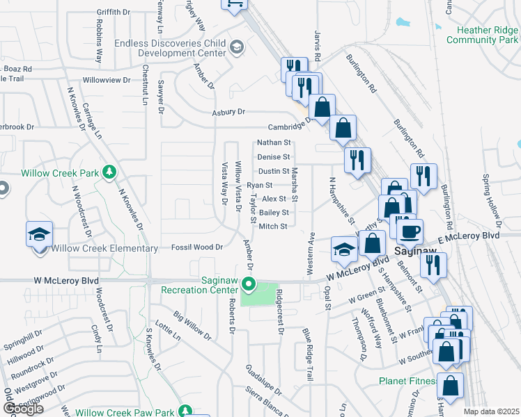 map of restaurants, bars, coffee shops, grocery stores, and more near 536 Bailey Street in Saginaw