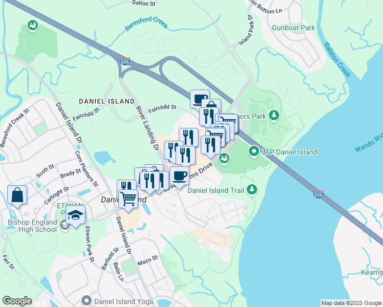 map of restaurants, bars, coffee shops, grocery stores, and more near 885 Island Park Drive in Charleston