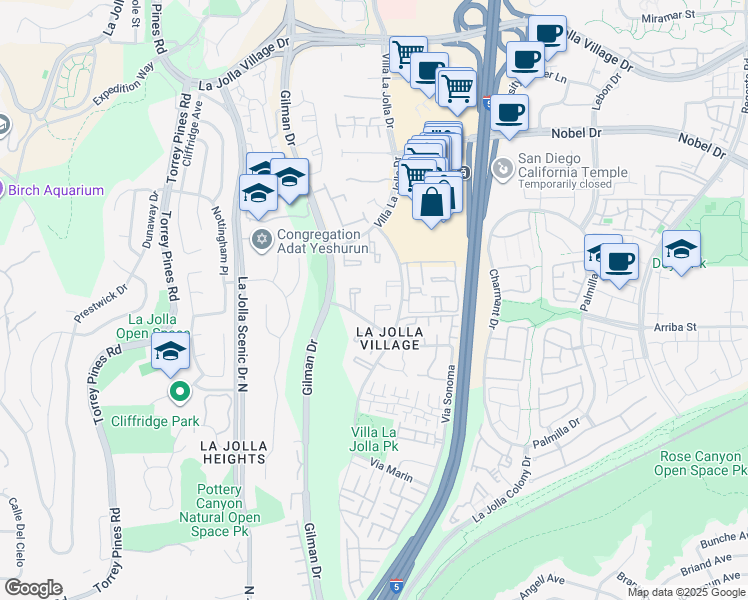 map of restaurants, bars, coffee shops, grocery stores, and more near 8524 Via Mallorca in San Diego