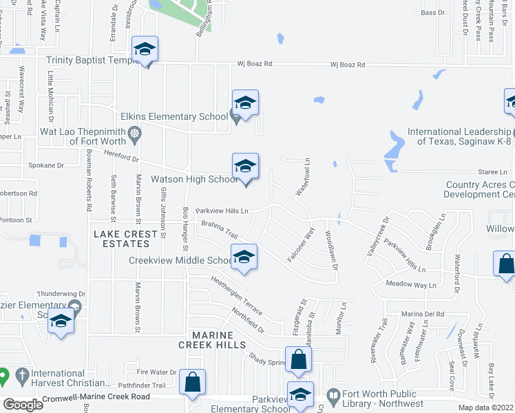 map of restaurants, bars, coffee shops, grocery stores, and more near 5620 Parkview Hills Lane in Fort Worth