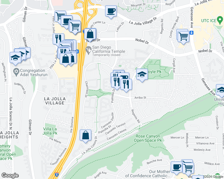 map of restaurants, bars, coffee shops, grocery stores, and more near 7646 Palmilla Drive in San Diego