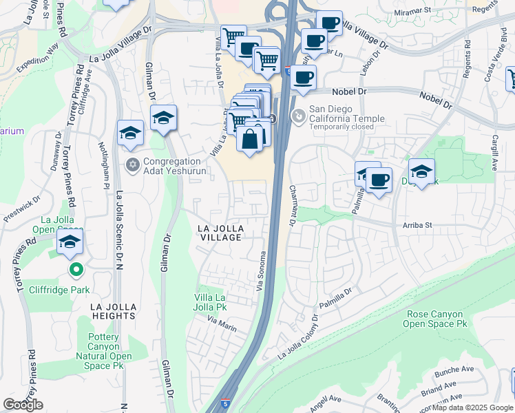 map of restaurants, bars, coffee shops, grocery stores, and more near 8641 Via Mallorca in San Diego