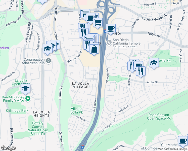 map of restaurants, bars, coffee shops, grocery stores, and more near 8641 Via Mallorca in San Diego