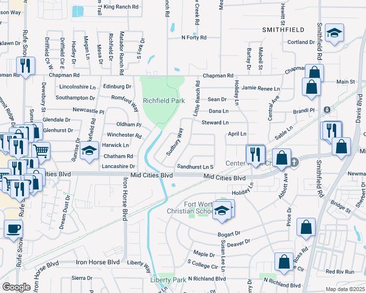 map of restaurants, bars, coffee shops, grocery stores, and more near 6401 Little Ranch Road in North Richland Hills