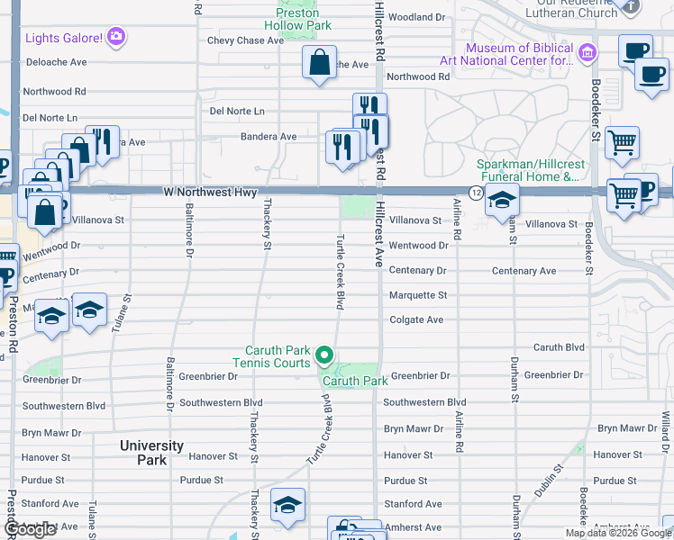 map of restaurants, bars, coffee shops, grocery stores, and more near 3505 Centenary Drive in Dallas