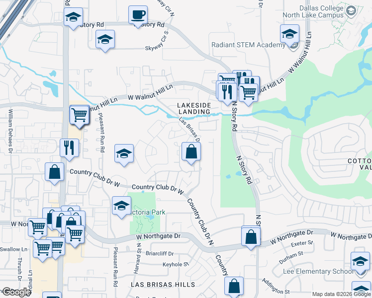 map of restaurants, bars, coffee shops, grocery stores, and more near 4267 Cuesta Drive in Irving