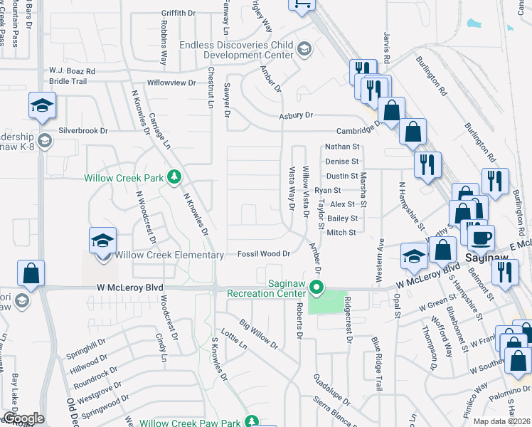 map of restaurants, bars, coffee shops, grocery stores, and more near 612 Piper Drive in Saginaw