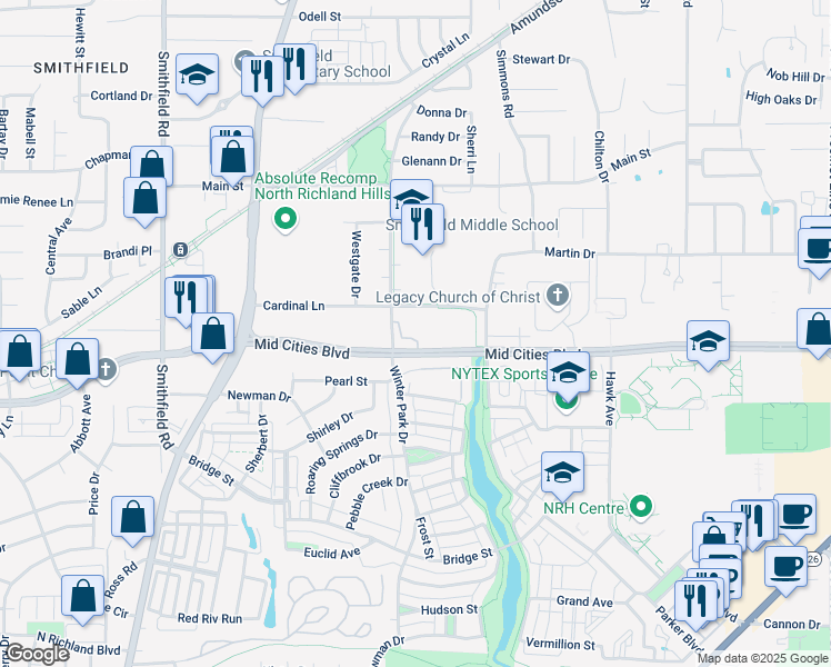map of restaurants, bars, coffee shops, grocery stores, and more near 8505 Mid Cities Boulevard in North Richland Hills
