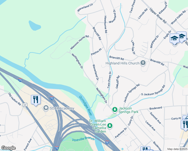 map of restaurants, bars, coffee shops, grocery stores, and more near 1266 Waverland Drive in Macon
