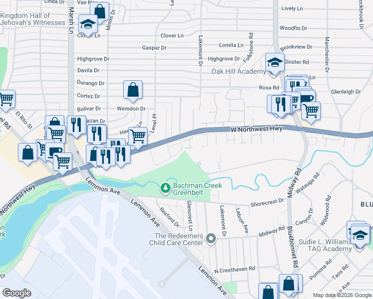 map of restaurants, bars, coffee shops, grocery stores, and more near 3938 Sherwood Forest Drive in Dallas