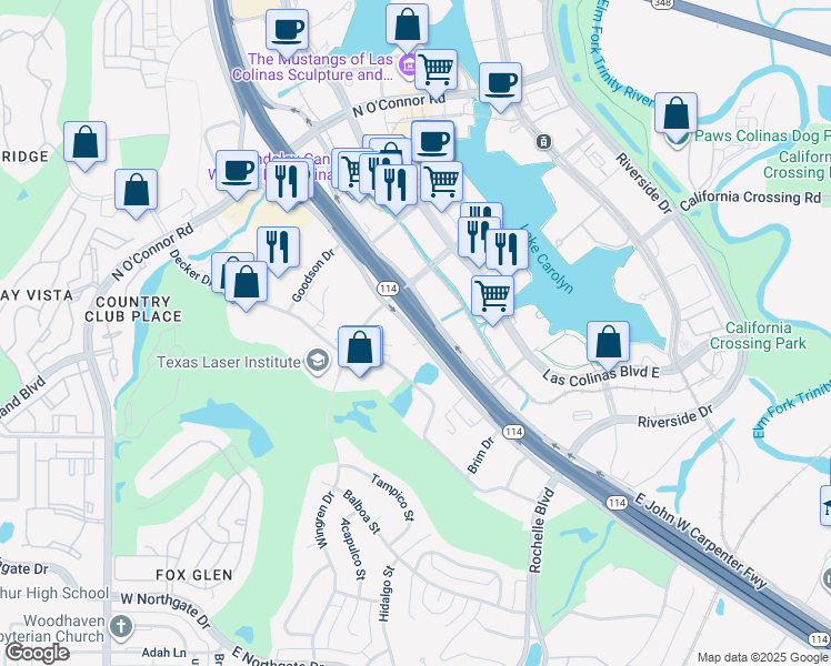 map of restaurants, bars, coffee shops, grocery stores, and more near 290 East John Carpenter Freeway in Irving