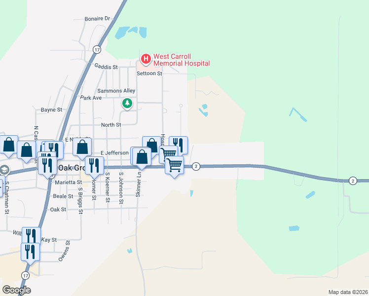 map of restaurants, bars, coffee shops, grocery stores, and more near 201 Ridgecrest Drive in Oak Grove