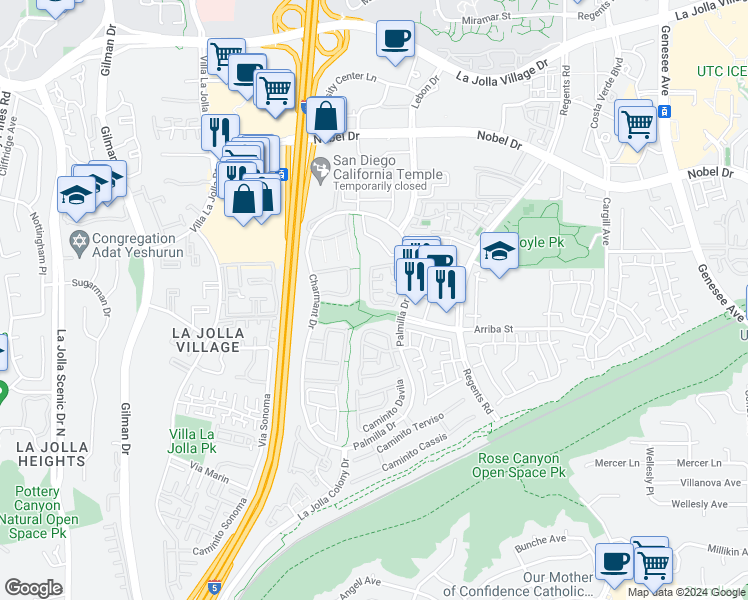 map of restaurants, bars, coffee shops, grocery stores, and more near 7618 Palmilla Drive in San Diego