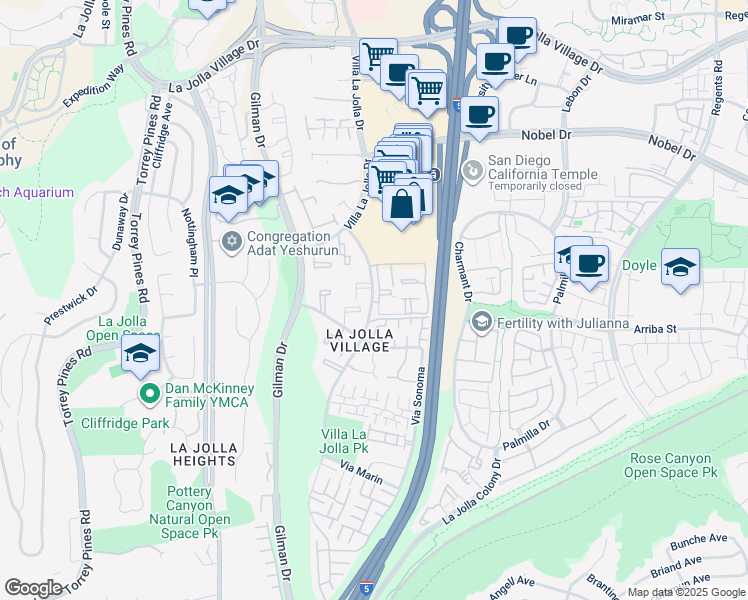 map of restaurants, bars, coffee shops, grocery stores, and more near 8585 Via Mallorca in San Diego