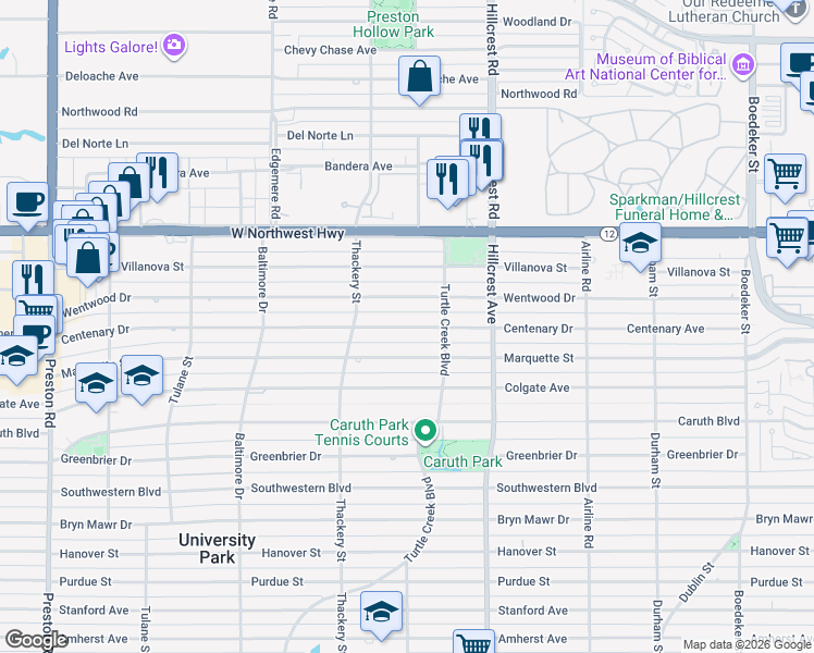 map of restaurants, bars, coffee shops, grocery stores, and more near 3529 Centenary Drive in Dallas