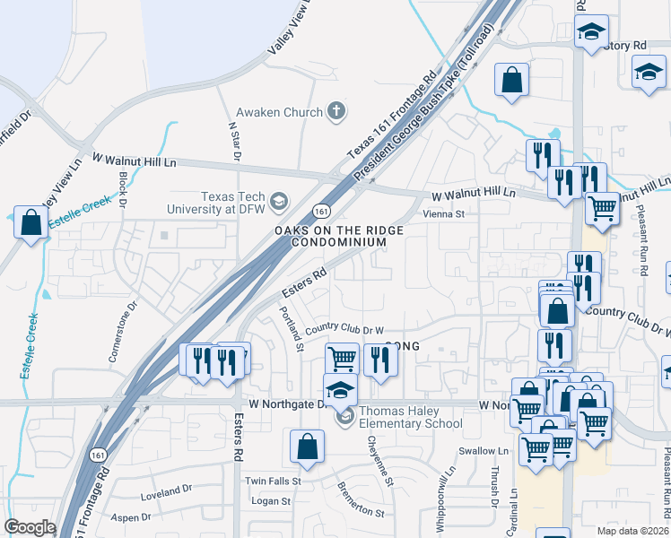 map of restaurants, bars, coffee shops, grocery stores, and more near 4115 Esters Road in Irving