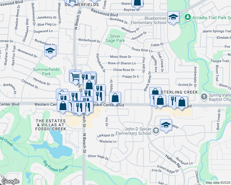 map of restaurants, bars, coffee shops, grocery stores, and more near 6711 Silver Sage Drive in Fort Worth