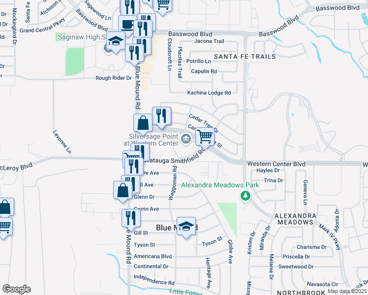 map of restaurants, bars, coffee shops, grocery stores, and more near 1800 Western Center Boulevard in Fort Worth