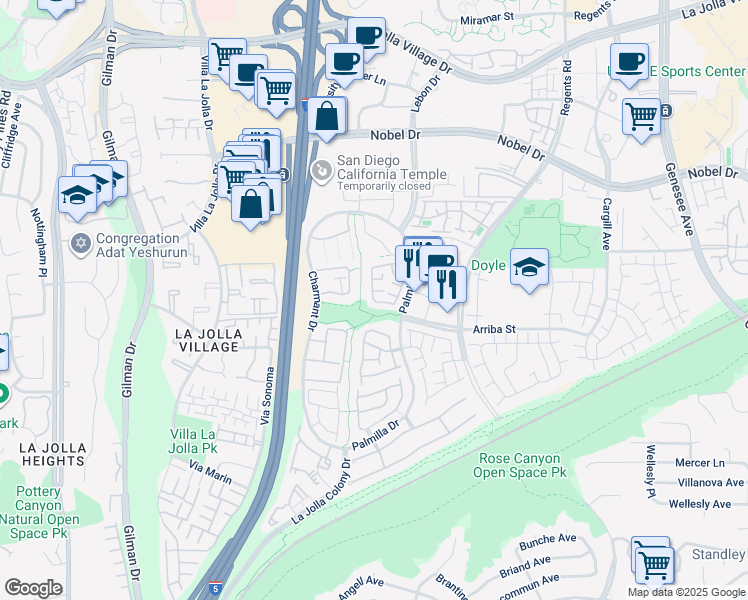 map of restaurants, bars, coffee shops, grocery stores, and more near 7618 Palmilla Drive in San Diego