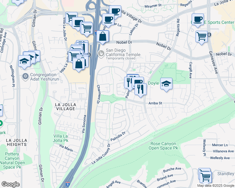 map of restaurants, bars, coffee shops, grocery stores, and more near 7624 Palmilla Drive in San Diego