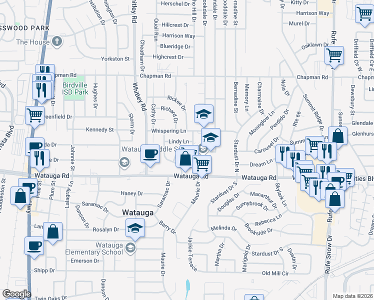 map of restaurants, bars, coffee shops, grocery stores, and more near 6020 Deborah Lane in Watauga