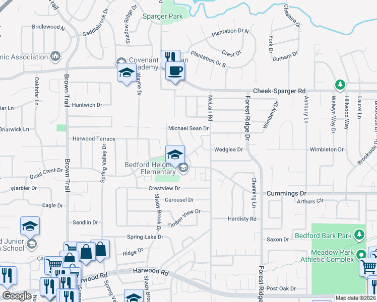 map of restaurants, bars, coffee shops, grocery stores, and more near 3525 Exeter Court in Bedford