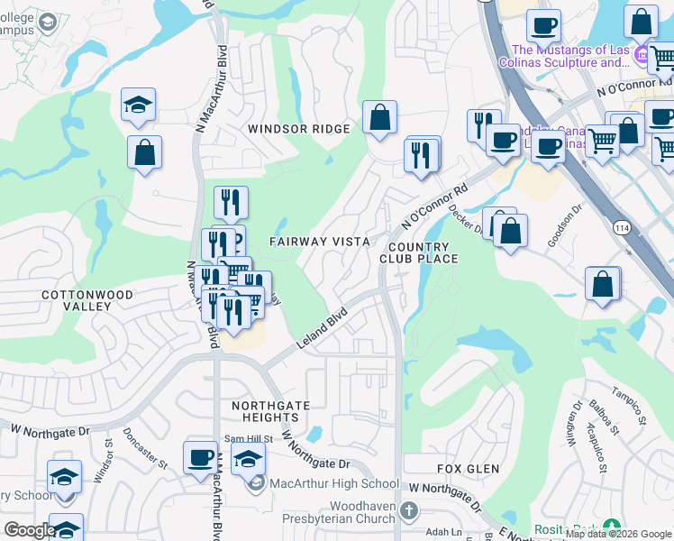map of restaurants, bars, coffee shops, grocery stores, and more near 4225 Castle Rock Court in Irving