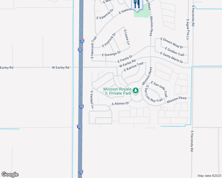 map of restaurants, bars, coffee shops, grocery stores, and more near 2426 East Santa Barbara Trail in Casa Grande