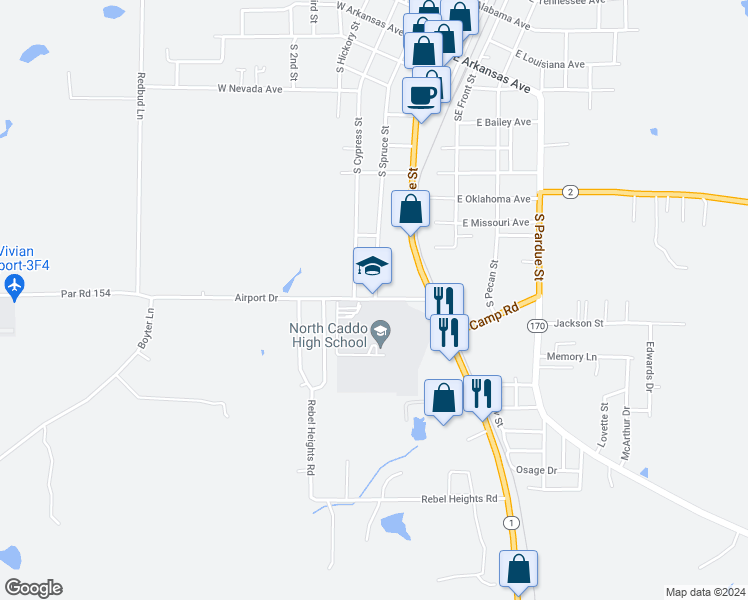 map of restaurants, bars, coffee shops, grocery stores, and more near 201 Airport Drive in Vivian