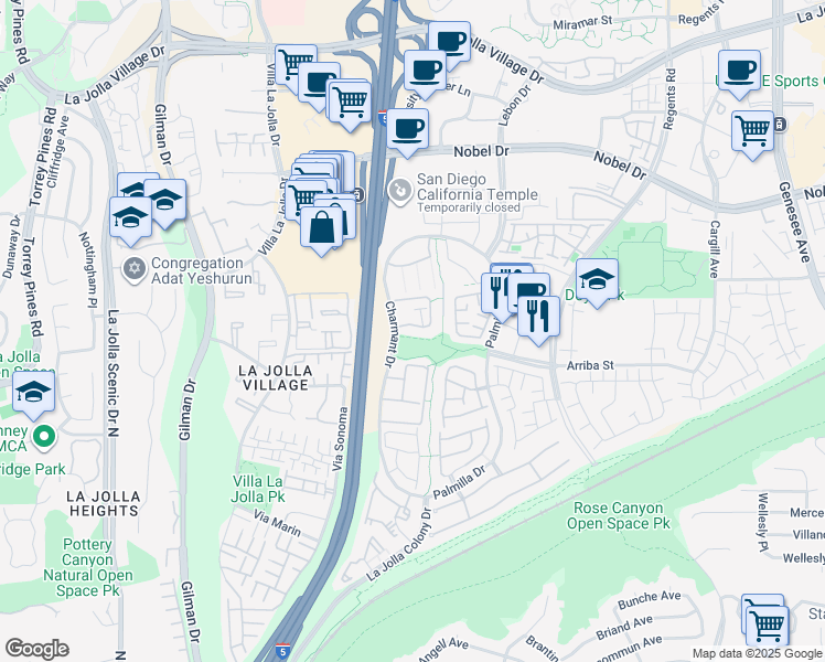 map of restaurants, bars, coffee shops, grocery stores, and more near 7215 Charmant Drive in San Diego