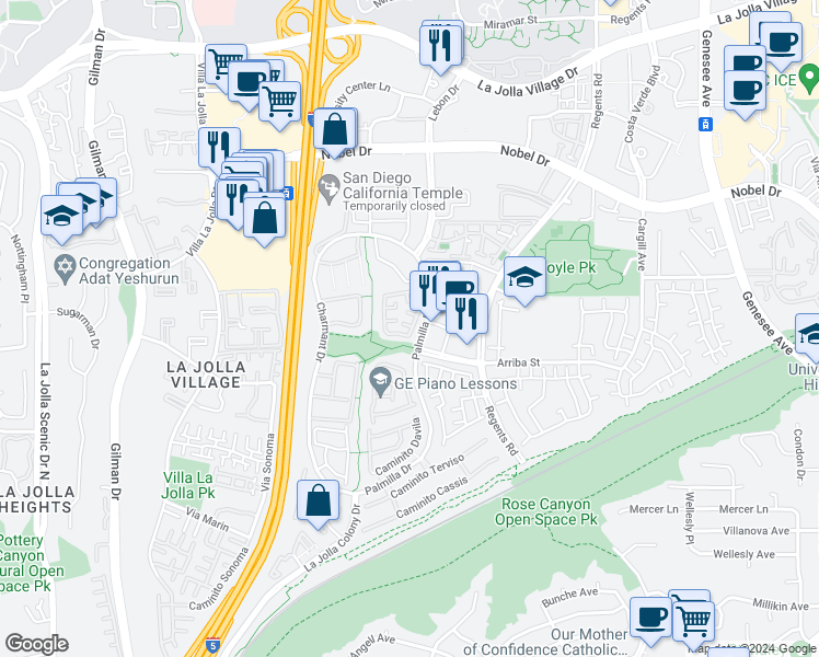 map of restaurants, bars, coffee shops, grocery stores, and more near 7728 Arriba Street in San Diego