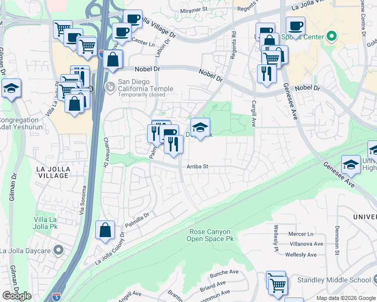 map of restaurants, bars, coffee shops, grocery stores, and more near 7989 Caminito Dia in San Diego