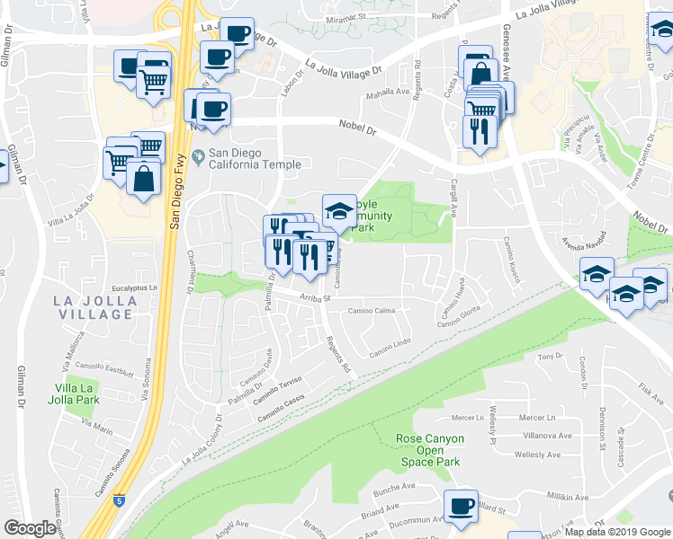 map of restaurants, bars, coffee shops, grocery stores, and more near 7929 Caminito Dia in San Diego