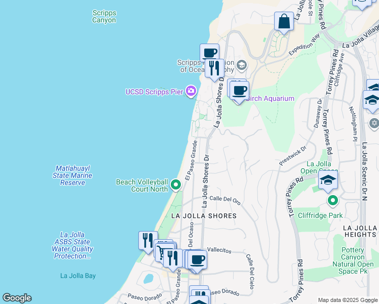 map of restaurants, bars, coffee shops, grocery stores, and more near 8542 El Paseo Grande in San Diego