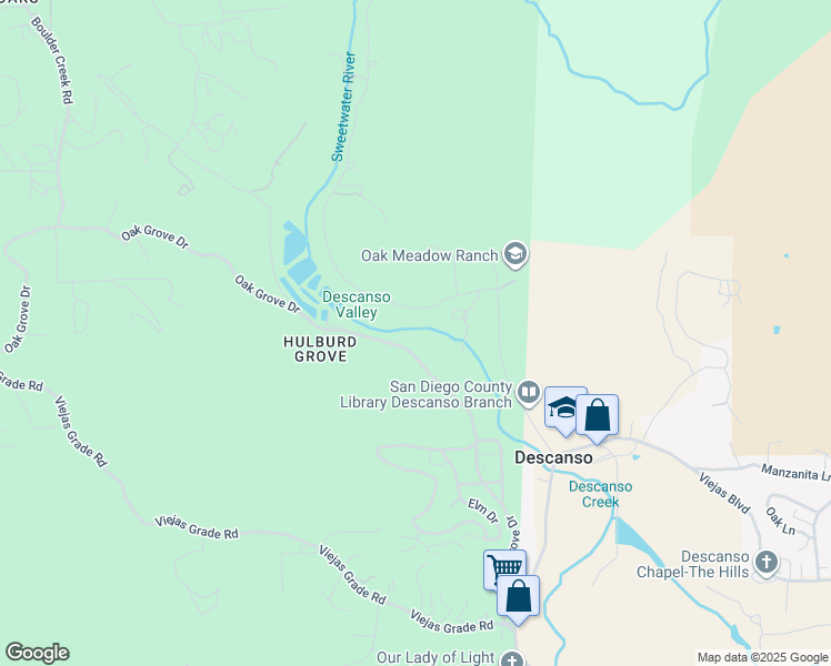 map of restaurants, bars, coffee shops, grocery stores, and more near 9874 River Drive in Descanso
