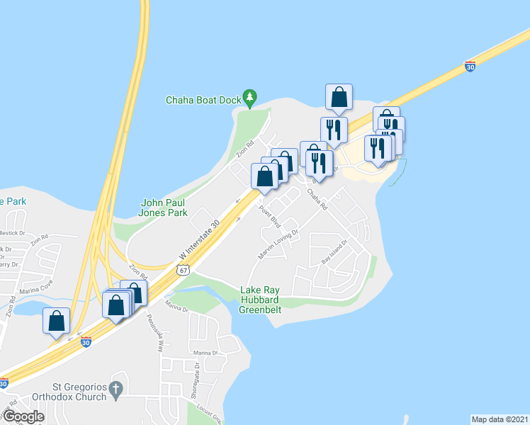 map of restaurants, bars, coffee shops, grocery stores, and more near 4361 Point Boulevard in Garland