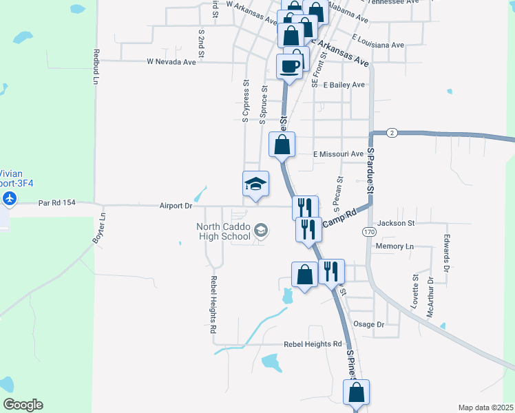 map of restaurants, bars, coffee shops, grocery stores, and more near 201 Airport Drive in Vivian