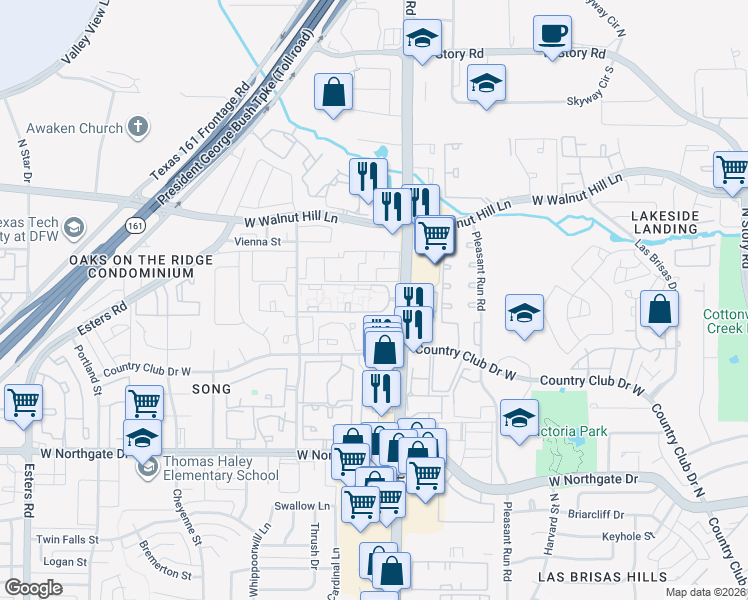 map of restaurants, bars, coffee shops, grocery stores, and more near 3417 Country Club Drive West in Irving
