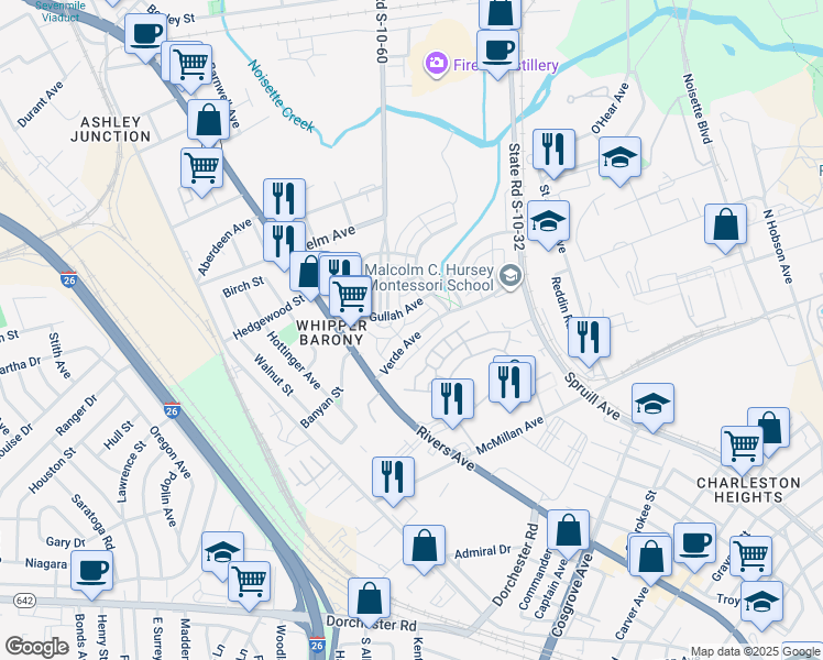 map of restaurants, bars, coffee shops, grocery stores, and more near 3823 Verde Avenue in North Charleston