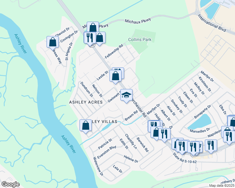 map of restaurants, bars, coffee shops, grocery stores, and more near 4356 Gwinnett Street in North Charleston
