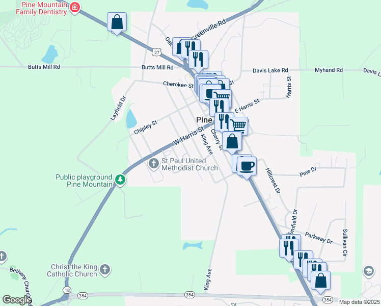 map of restaurants, bars, coffee shops, grocery stores, and more near 417 Georgia Street in Pine Mountain