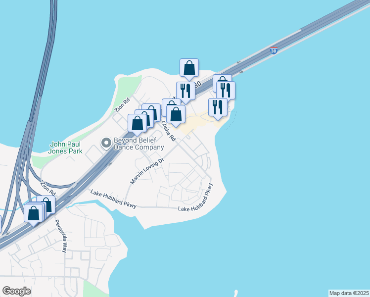 map of restaurants, bars, coffee shops, grocery stores, and more near 5401 Zion Road in Garland