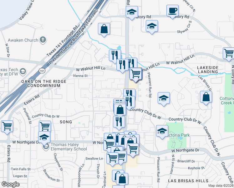 map of restaurants, bars, coffee shops, grocery stores, and more near 3417 Country Club Drive West in Irving