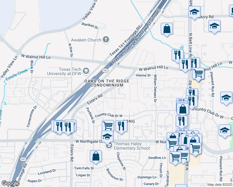 map of restaurants, bars, coffee shops, grocery stores, and more near 3828 Cheyenne Street in Irving