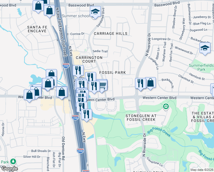 map of restaurants, bars, coffee shops, grocery stores, and more near 3301 Friendsway Court in Fort Worth