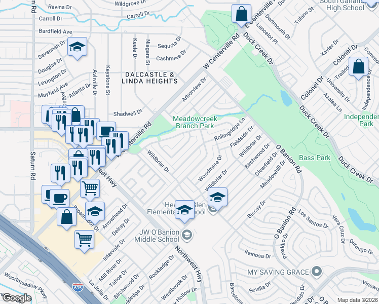 map of restaurants, bars, coffee shops, grocery stores, and more near 421 Brookview Drive in Garland