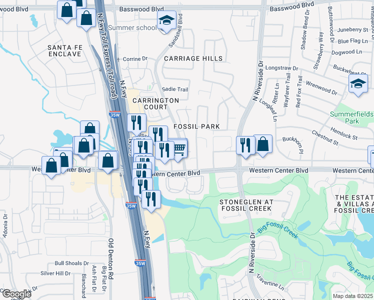 map of restaurants, bars, coffee shops, grocery stores, and more near 6700 Sandshell Boulevard in Fort Worth