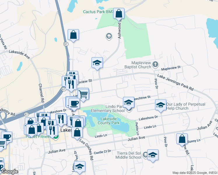 map of restaurants, bars, coffee shops, grocery stores, and more near 12710 Laurel Street in Lakeside