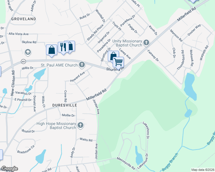 map of restaurants, bars, coffee shops, grocery stores, and more near 3009 Millerfield Road in Macon