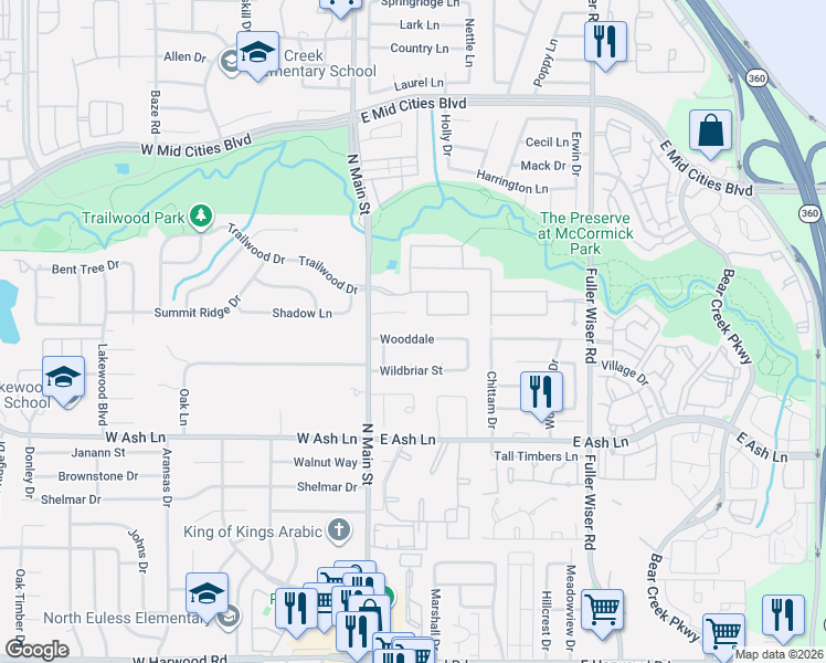 map of restaurants, bars, coffee shops, grocery stores, and more near 1706 Pleasant Trail in Euless